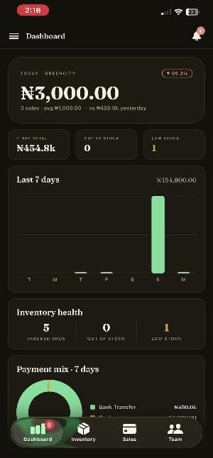VentOS Mobile Sell screen — mobile point of sale with device pairing