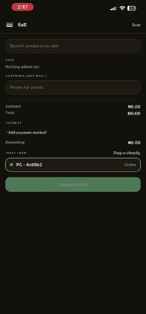 VentOS Mobile dashboard showing today's revenue, charts and inventory health